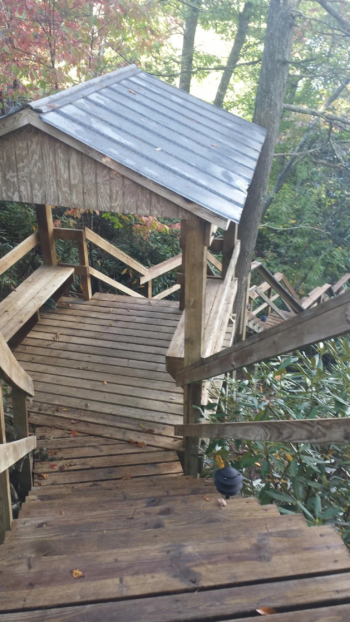 Metal roofed shelter over wooden steps on a wooded walkway — Skylight Repair & Installation work by our crew in Cohasset